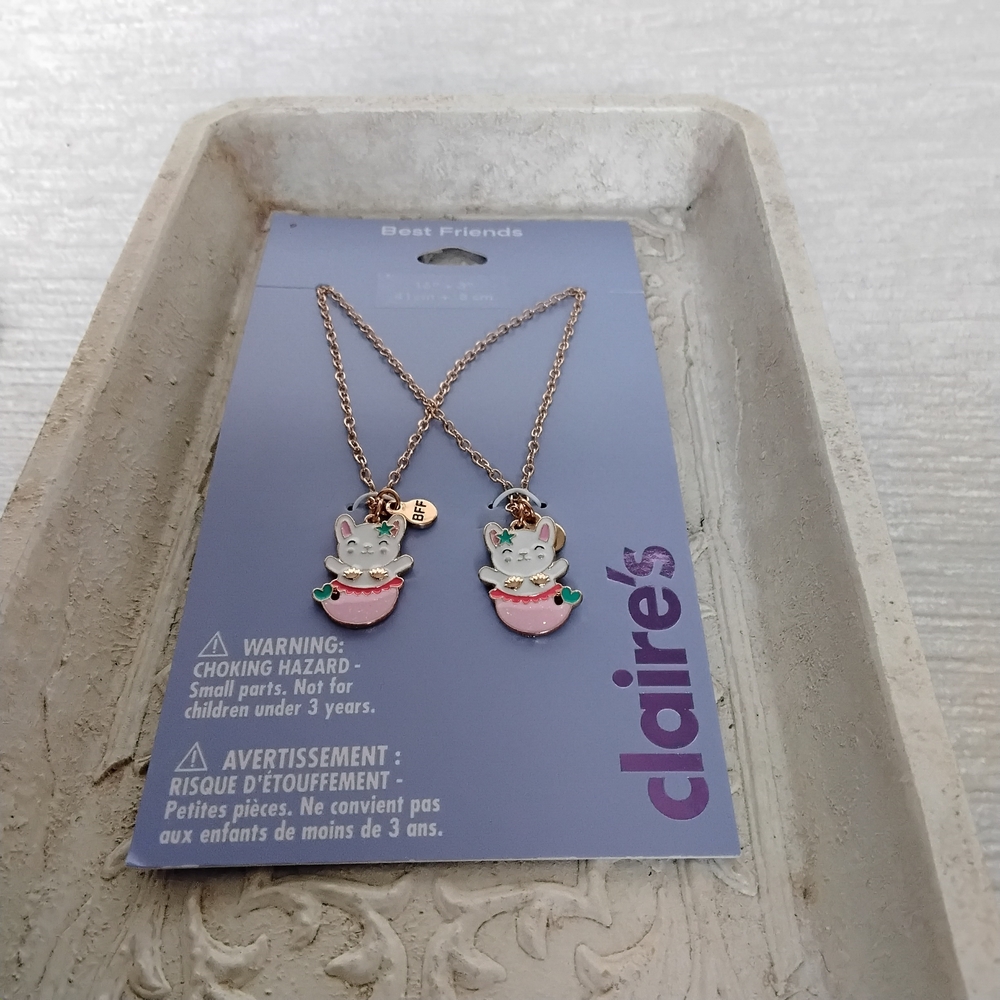 Claire's Pink Mermaid Cat Best Friends Necklace Set 16"-19" Chain